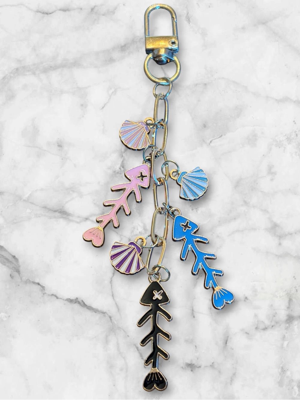 Enamel Fishbone & Shell Charm Keychain - Pink, Blue, Black